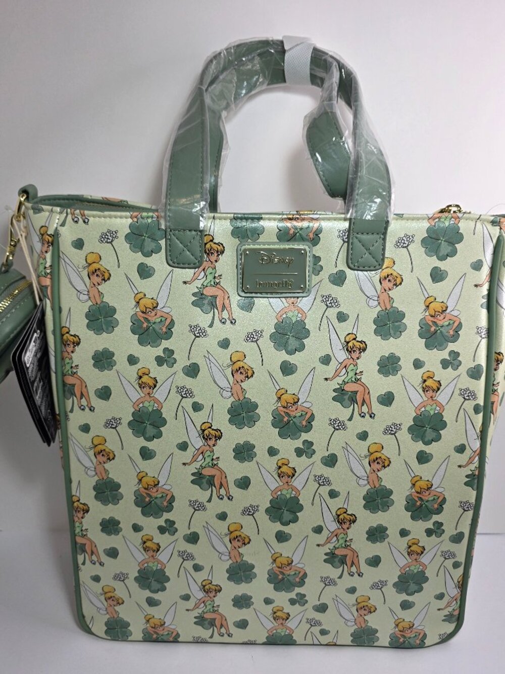Loungefly Peter Pan Tinker Bell Clover All-Over Print Tote Bag With Coin Bag